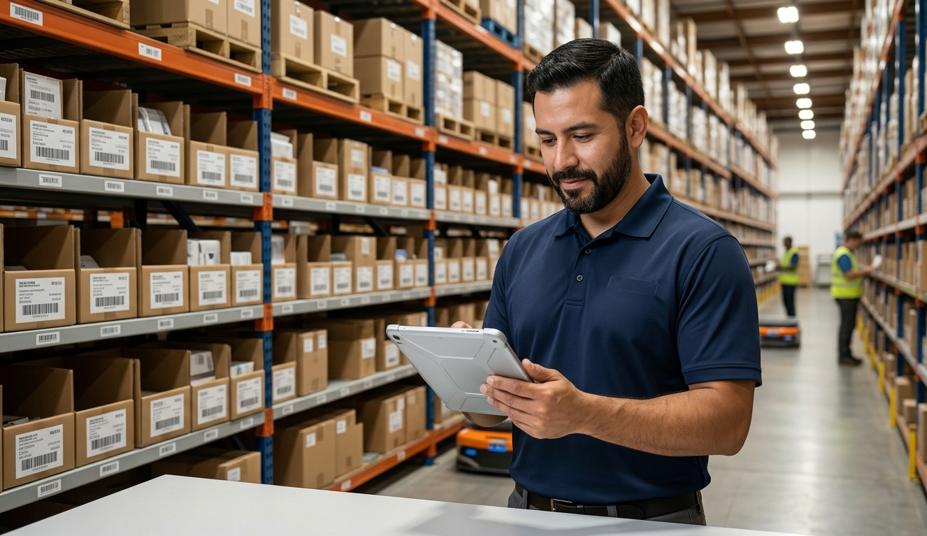 3PL warehouse manager reviewing automated WMS order processing data on a tablet showing how a fulfilment partner automates the physical dropshipping fulfillment process
