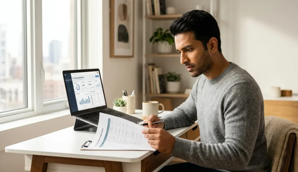 Dropshipper researching how to find dropshipping suppliers by reviewing a supplier comparison list beside a laptop showing sourcing data