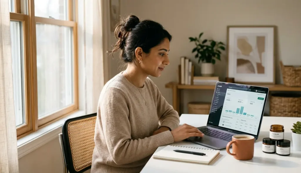Beginner following a Shopify dropshipping guide on a laptop with a Shopify store dashboard open on the screen