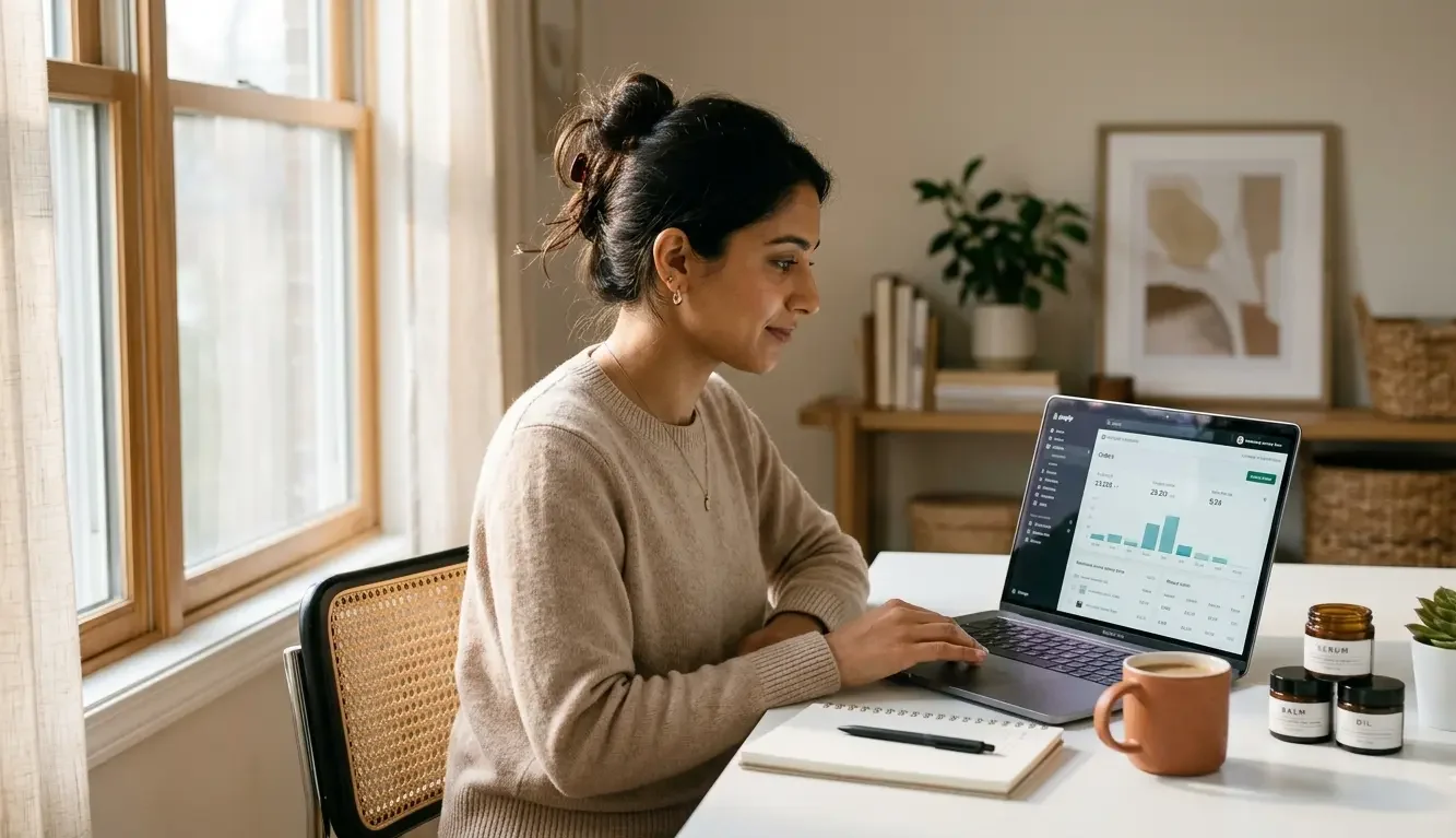 Beginner following a Shopify dropshipping guide on a laptop with a Shopify store dashboard open on the screen