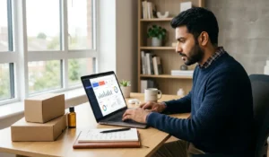 Beginner learning how to start dropshipping on a laptop with an ecommerce dashboard open at a clean desk
