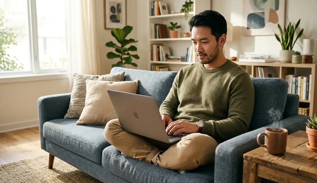 Beginner setting up a Shopify dropshipping store using a free Shopify theme on a laptop in a home environment