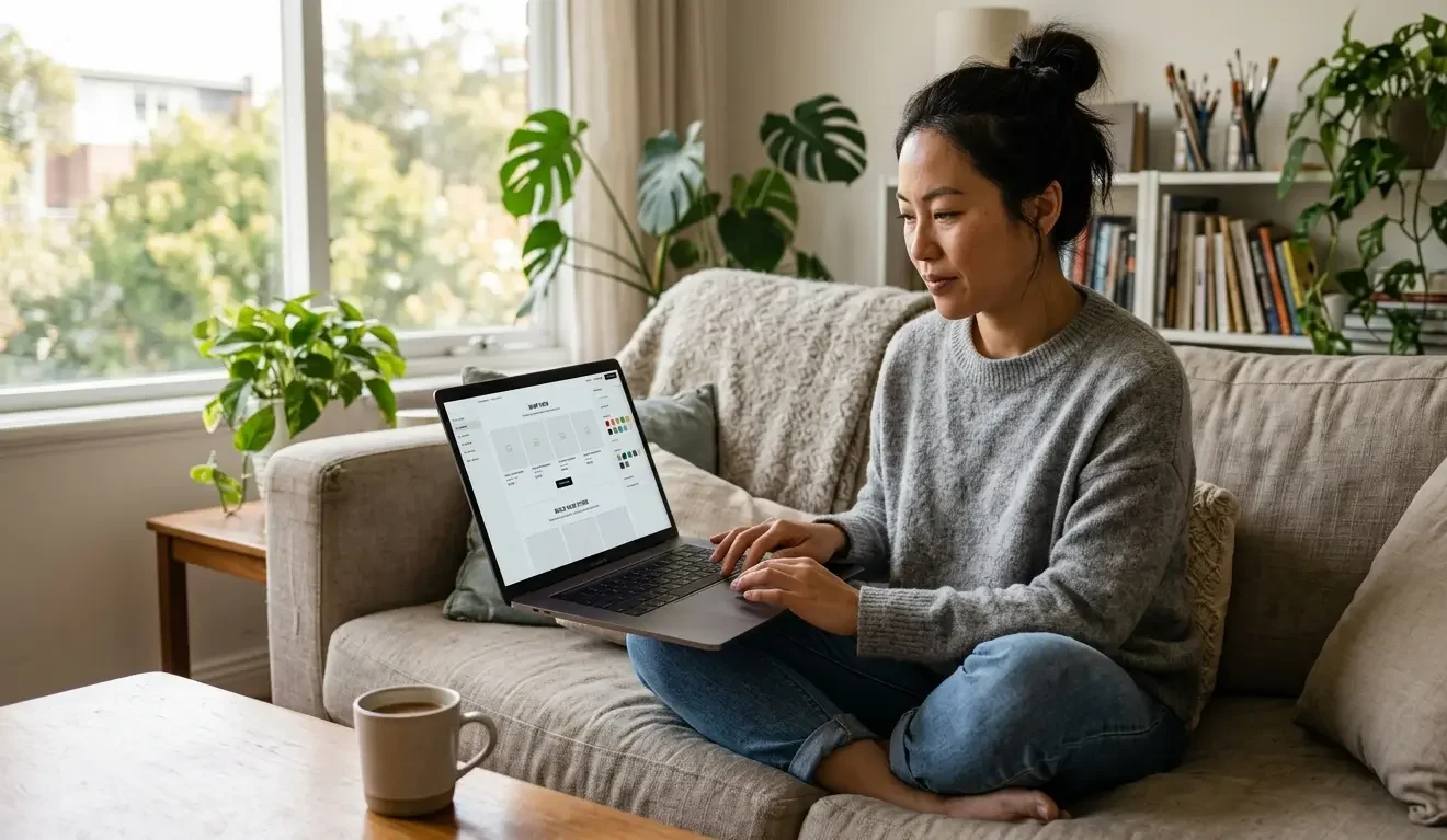 Beginner setting up a dropshipping store on a laptop using an ecommerce platform builder from home environment