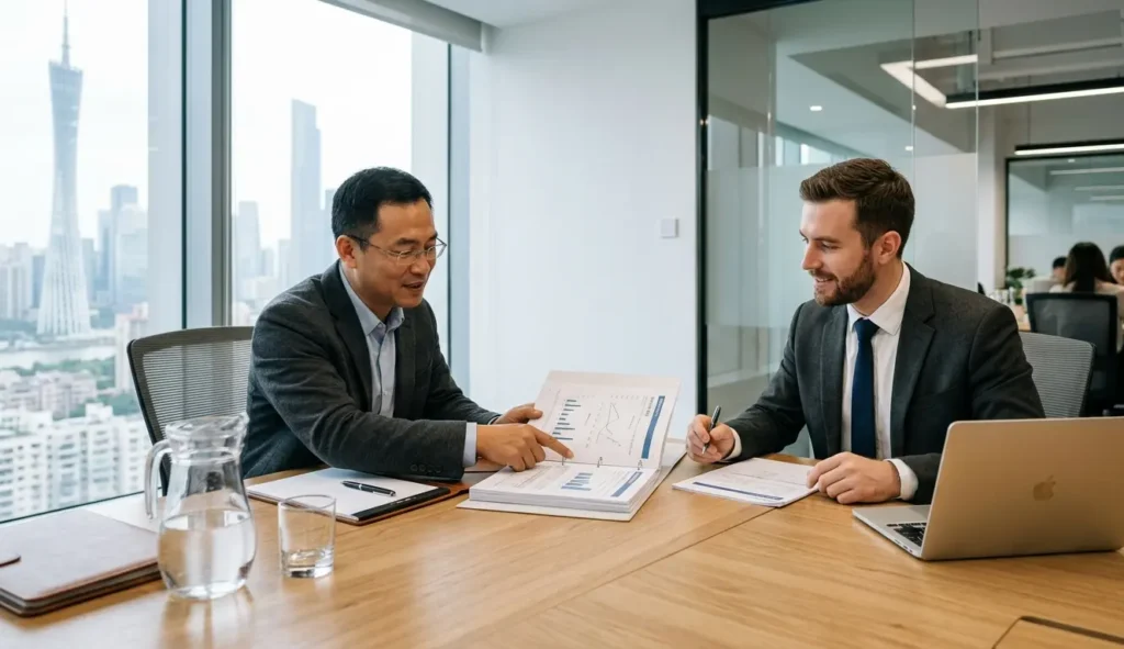 China sourcing agent meeting with ecommerce brand owner to review supplier documents in Guangzhou office