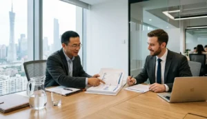 China sourcing agent meeting with ecommerce brand owner to review supplier documents in Guangzhou office