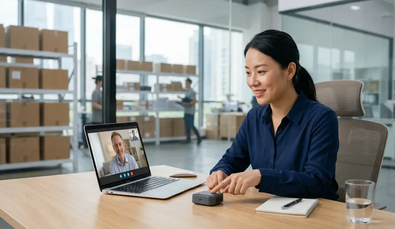 China sourcing agent reviewing product samples with ecommerce client on video call from Shenzhen warehouse