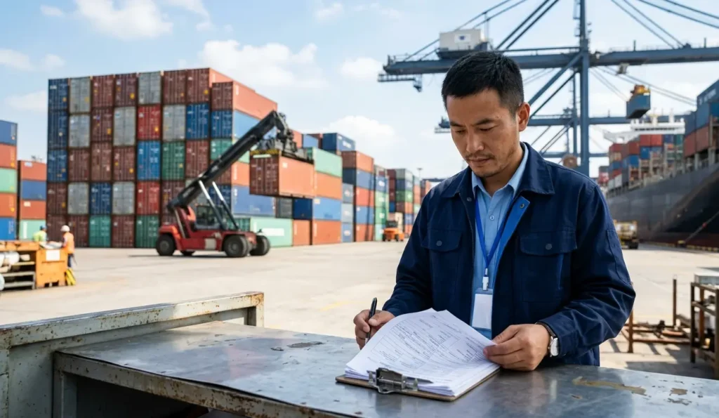 Chinese logistics manager reviewing freight documents at busy container terminal port with stacked shipping containers