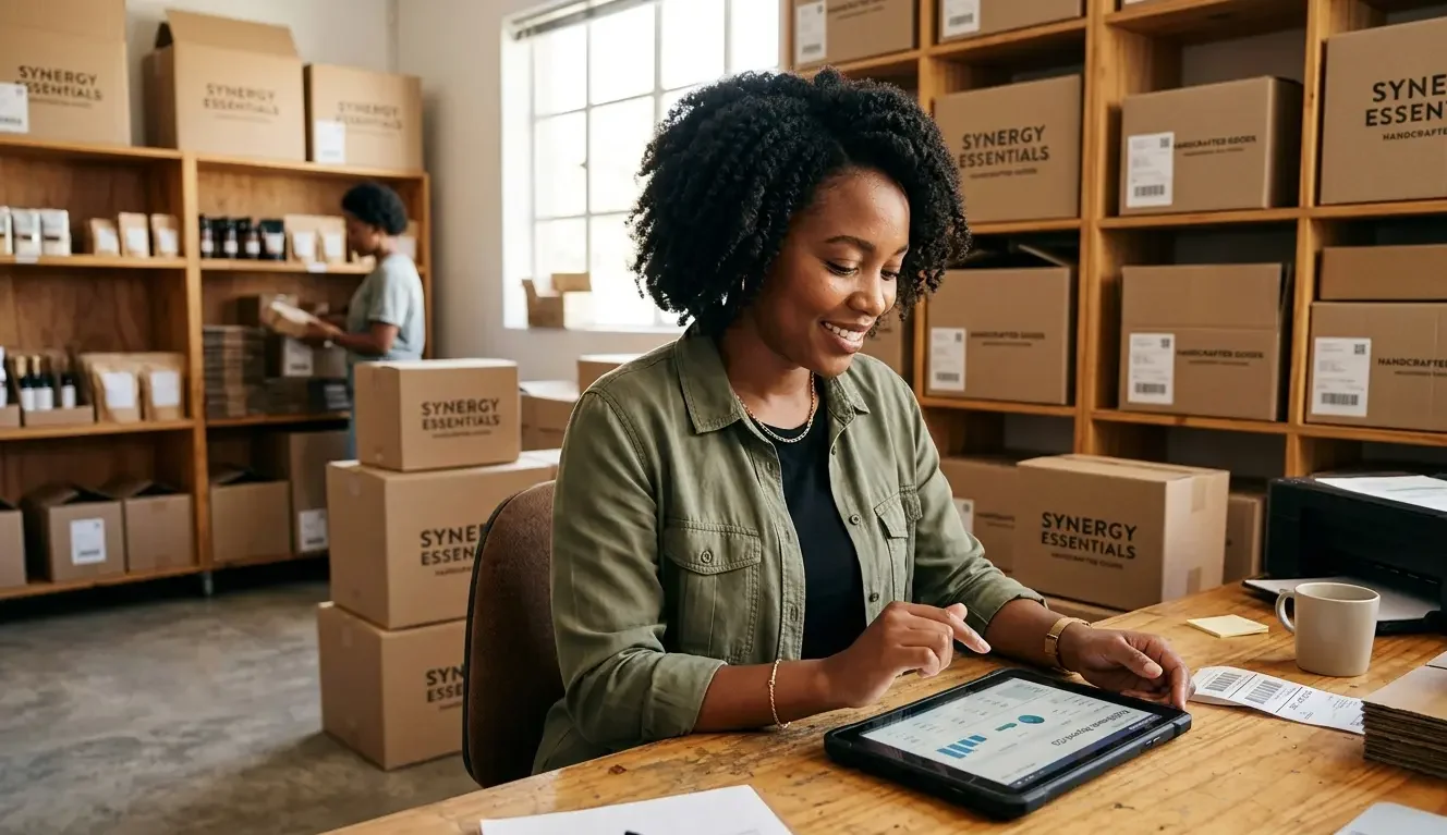 DTC brand owner reviewing 3PL fulfilment reports on tablet while standing in organised small business warehouse with boxes
