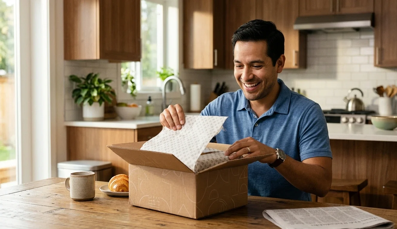 Customer unboxing a branded dropshipping delivery at home showing the fulfillment result of a professional 3PL pick pack ship process with custom packaging