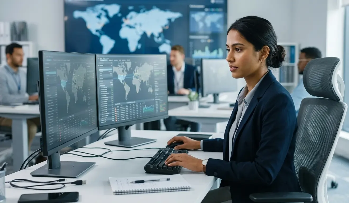 Female logistics coordinator tracking best logistics companies China international shipments at modern operations centre