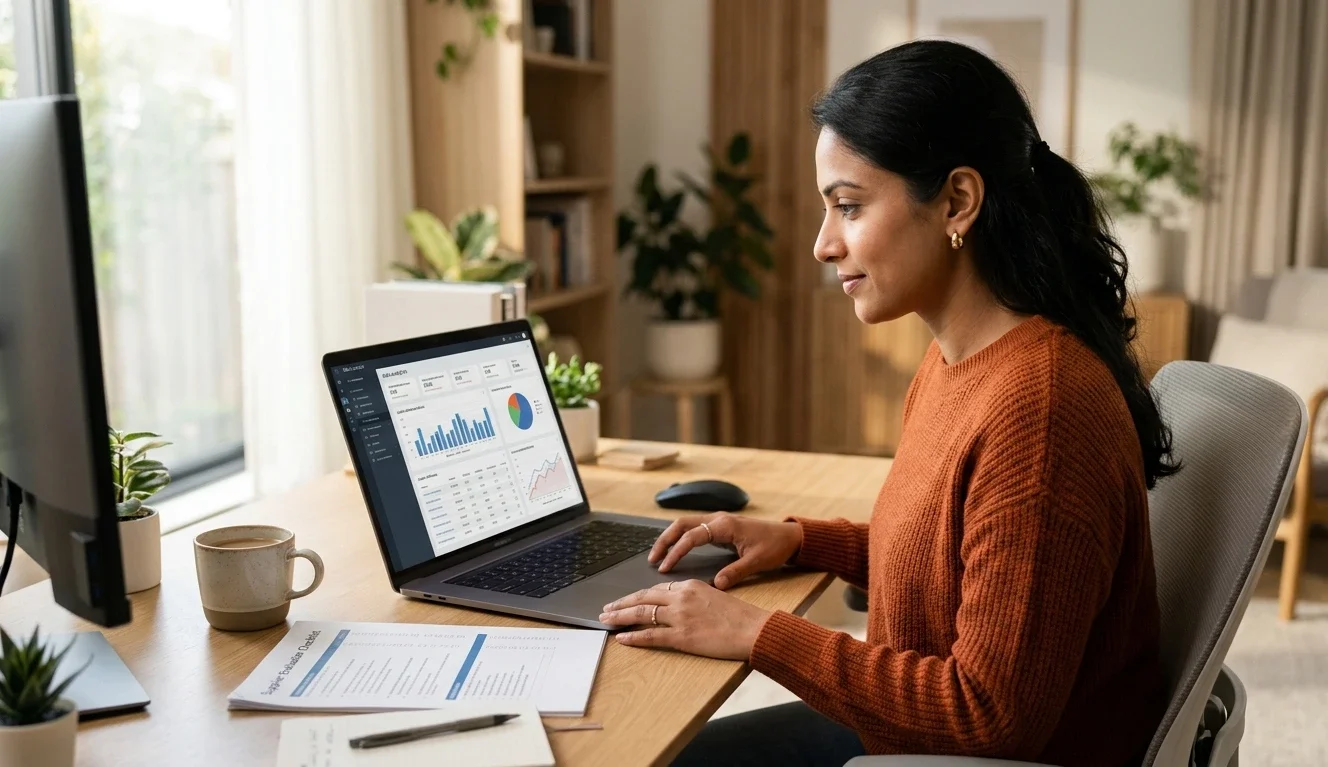 Dropshipper analysing China dropshipping reliability data on a laptop with a supplier evaluation checklist and fulfilment metrics on screen