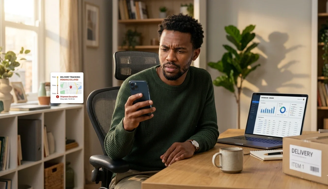 Dropshipper checking a delayed China dropshipping order on a tracking app while reviewing order status on a laptop with fulfilment dashboard open