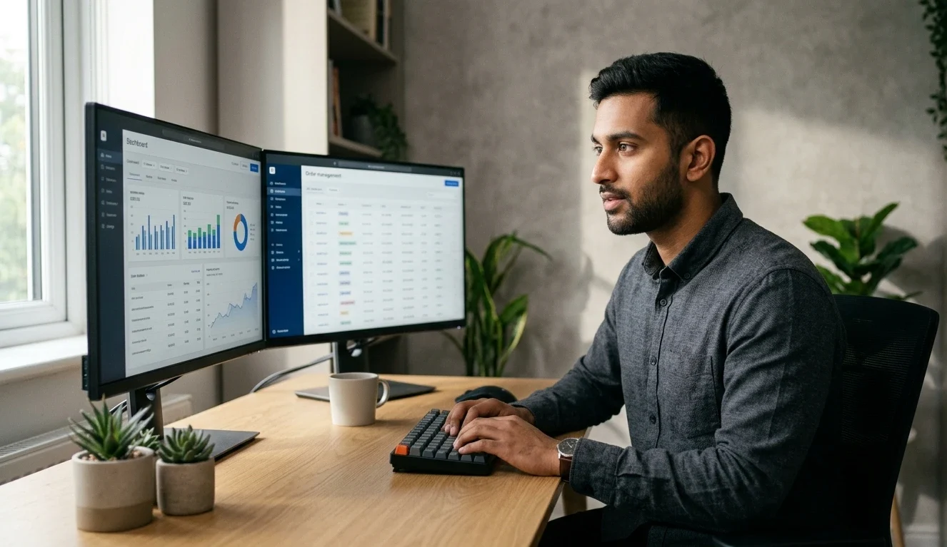 Dropshipper managing automated order forwarding on a dual-monitor home office setup showing an e-commerce store dashboard and order management platform