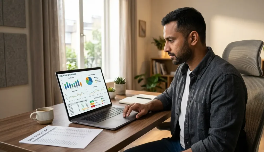 Dropshipper managing dropshipping inventory management on a laptop showing real-time stock sync dashboard with supplier inventory levels and order routing data