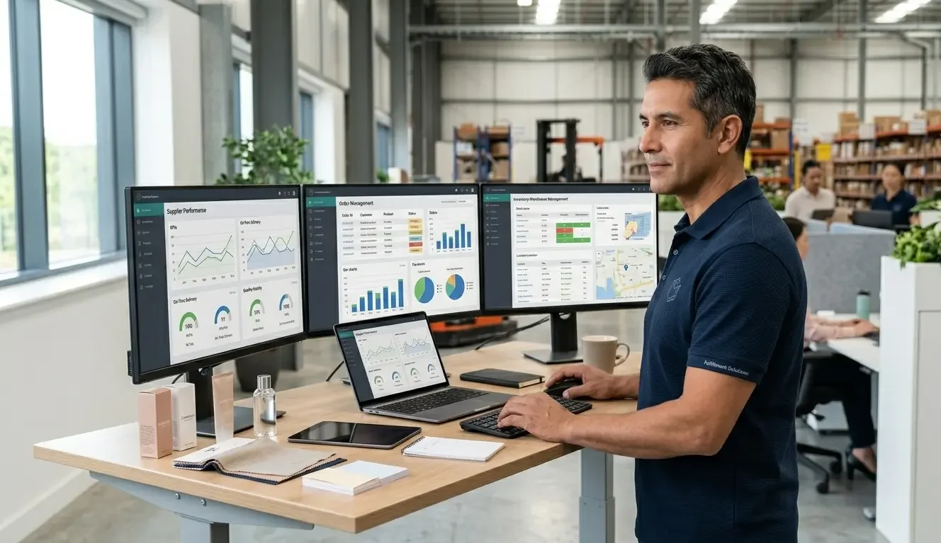 Dropshipper managing multi-supplier dropshipping inventory on three monitors showing different supplier dashboards and centralised order routing and stock sync system