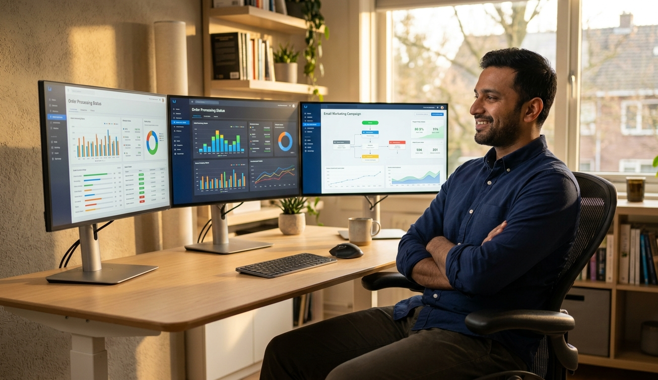 Dropshipper monitoring automated dropshipping business dashboards on multiple monitors showing order processing automation inventory sync and email flow running without manual