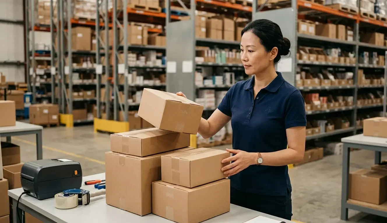 3PL warehouse manager reviewing branded dropshipping order packages at a fulfilment centre that replaces supplier-direct shipping for scaling stores