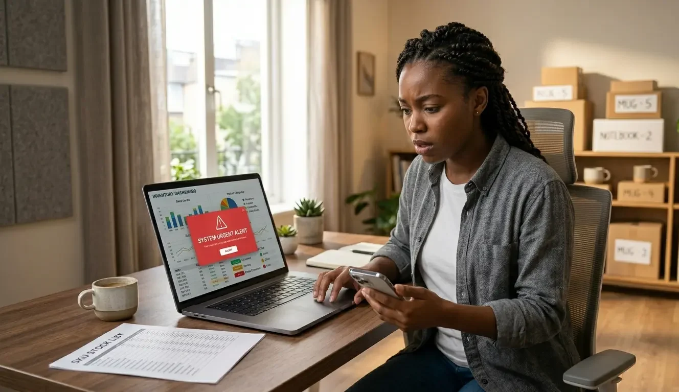 Dropshipper responding to an overselling alert on a laptop and phone showing the real-time inventory sync problem that causes out of stock orders in dropshipping