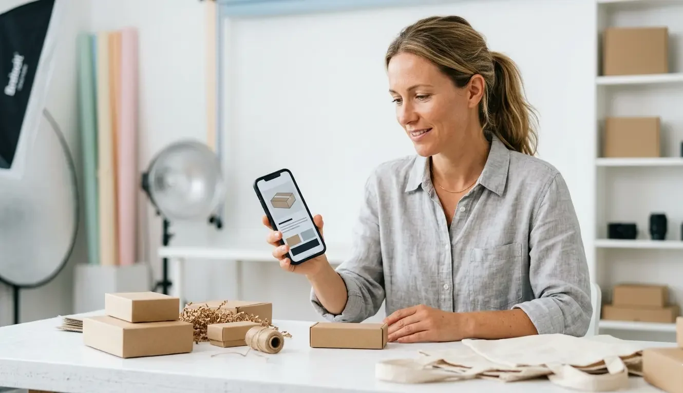 Female dropshipping business owner reviewing supplier product packaging on smartphone and desk in bright e-commerce workspace