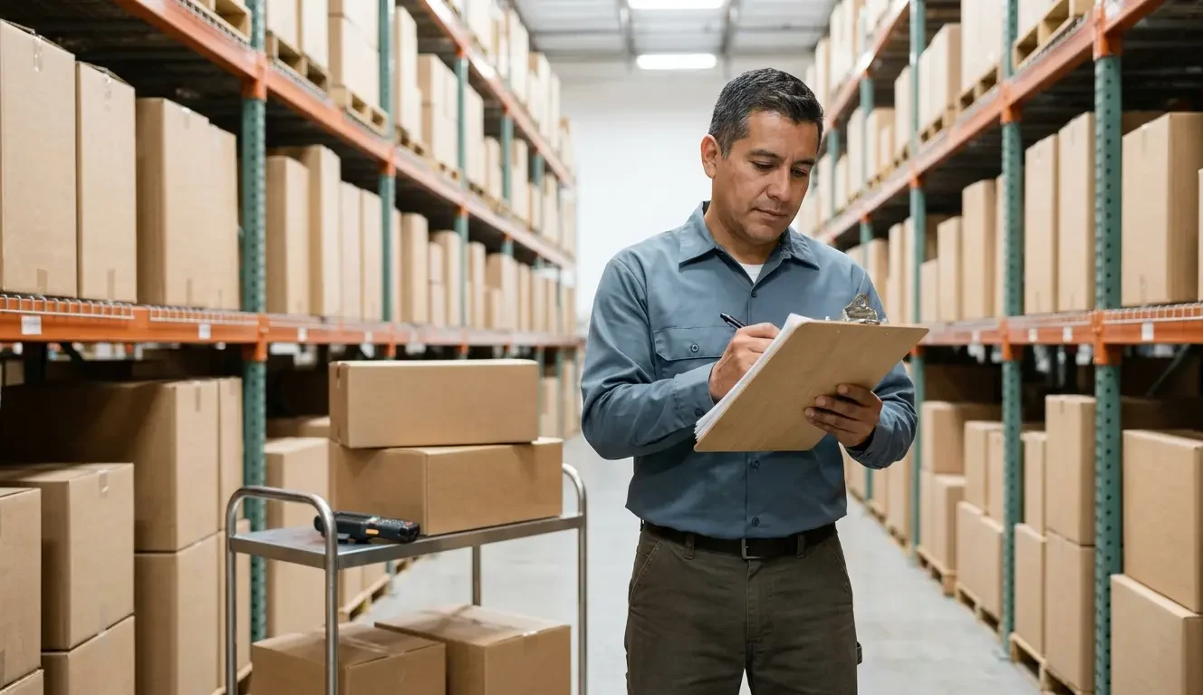 Warehouse manager reviewing inventory inside clean 3PL fulfilment centre comparing dropshipping vs 3PL fulfilment operations
