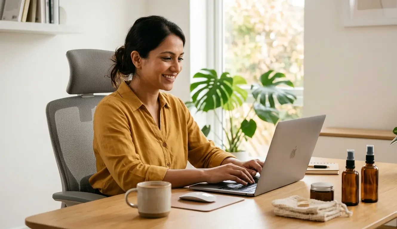 E-commerce entrepreneur managing what is dropshipping store from modern home office with laptop and product samples on desk