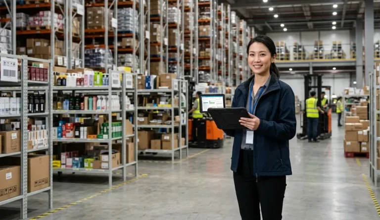 Ecommerce brand owner reviewing how to source from China at a Shenzhen fulfillment warehouse
