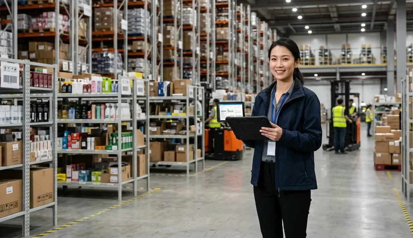 Ecommerce brand owner reviewing how to source from China at a Shenzhen fulfillment warehouse