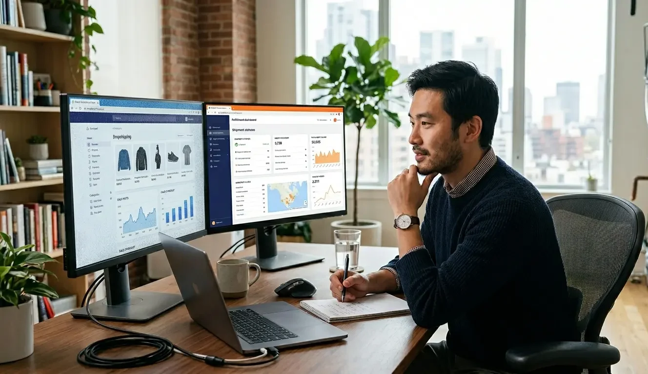 Ecommerce founder comparing dropshipping vs 3pl fulfillment models on dual screens in home office setup