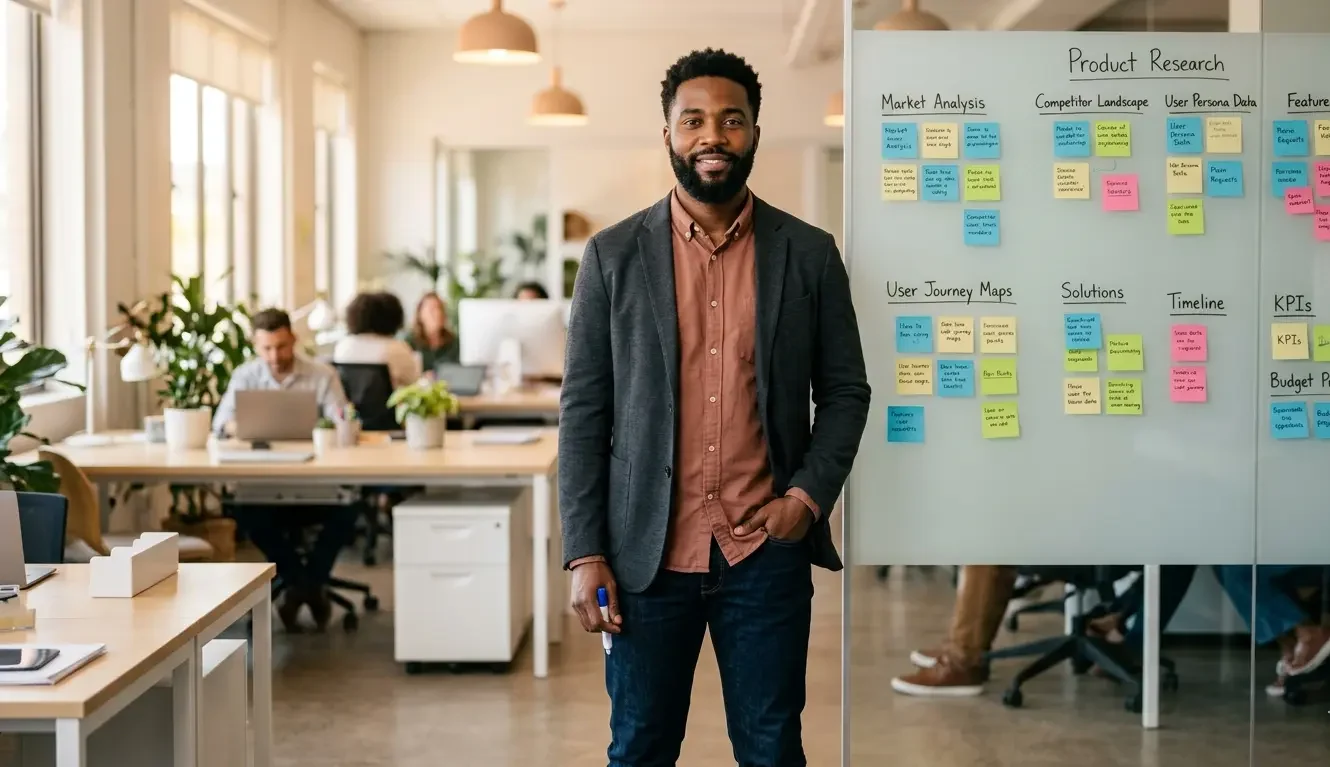Entrepreneur doing Shopify dropshipping product research with niche notes and winning product categories on a whiteboard