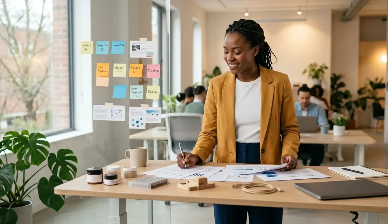 Entrepreneur doing dropshipping niche selection research with product notes and market data on a glass board