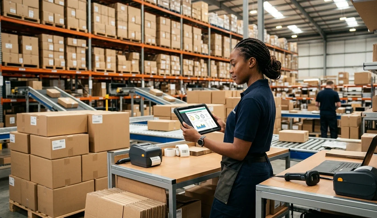Fulfillment manager reviewing the dropshipping fulfillment process on a tablet at a professional 3PL warehouse workstation with branded shipping boxes in background