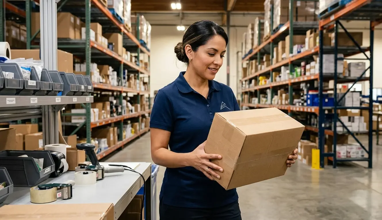 Fulfillment warehouse manager checking Shopify dropshipping orders at a professional 3PL warehouse with branded packaging