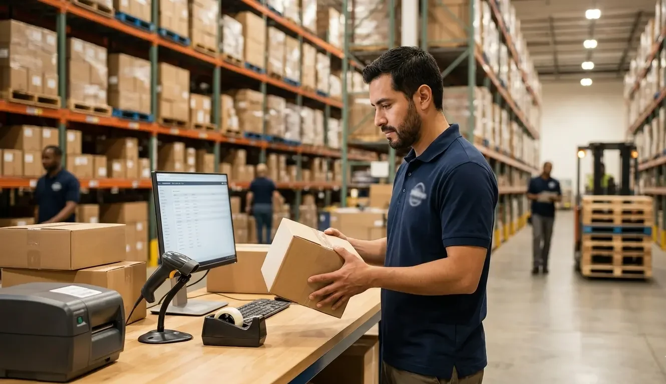 Fulfillment warehouse worker checking dropshipping order packaging at a professional 3PL fulfillment center
