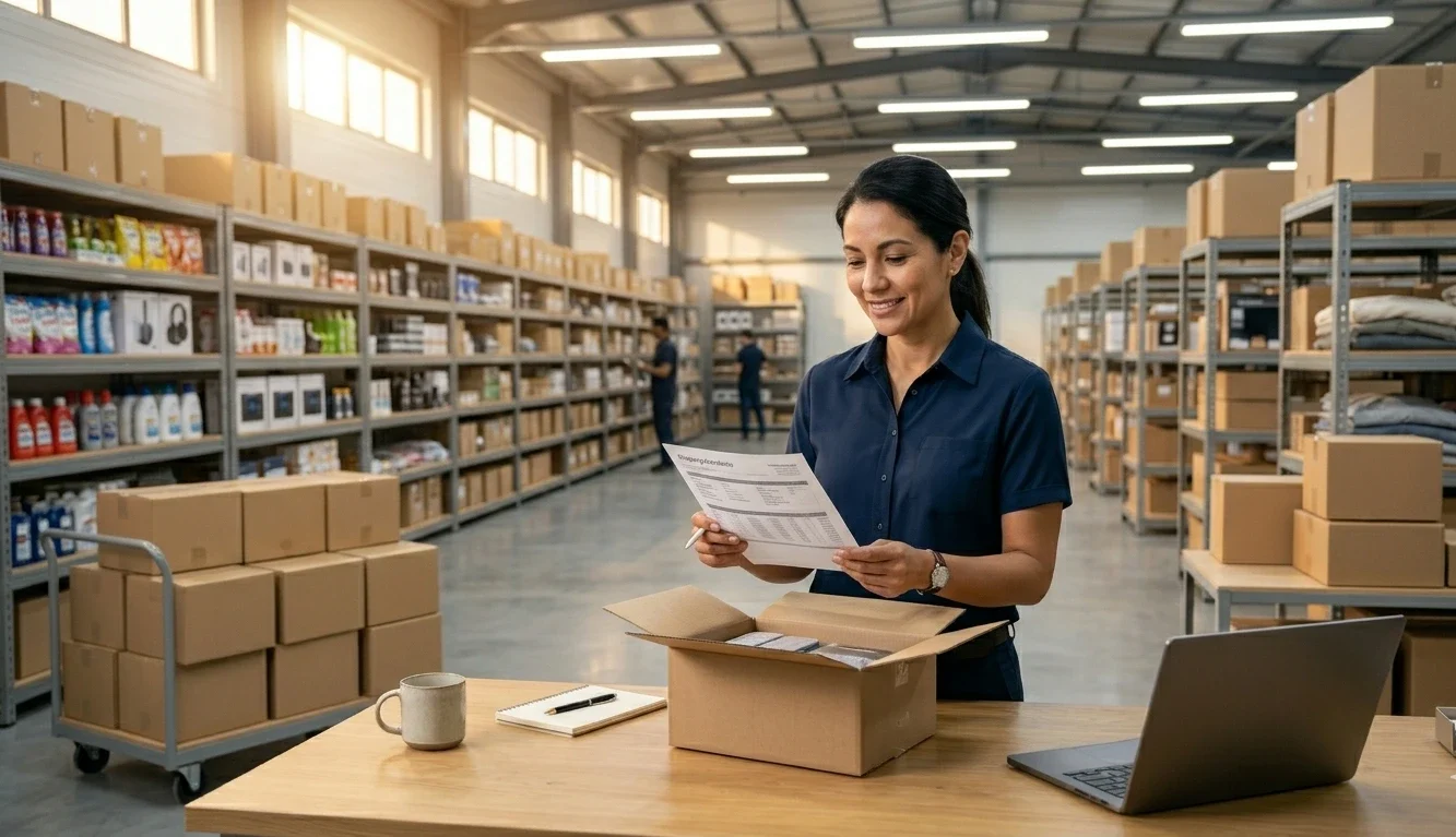Fulfilment manager at a US domestic warehouse preparing branded China-sourced dropshipping orders for 2 to 5 day domestic delivery to US customers
