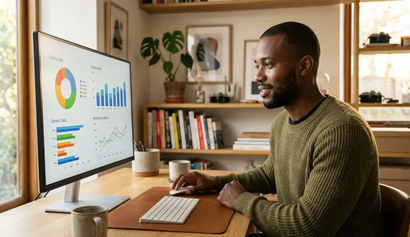 oung male entrepreneur reviewing dropshipping profit margin analytics on desktop monitor in productive home workspace setup