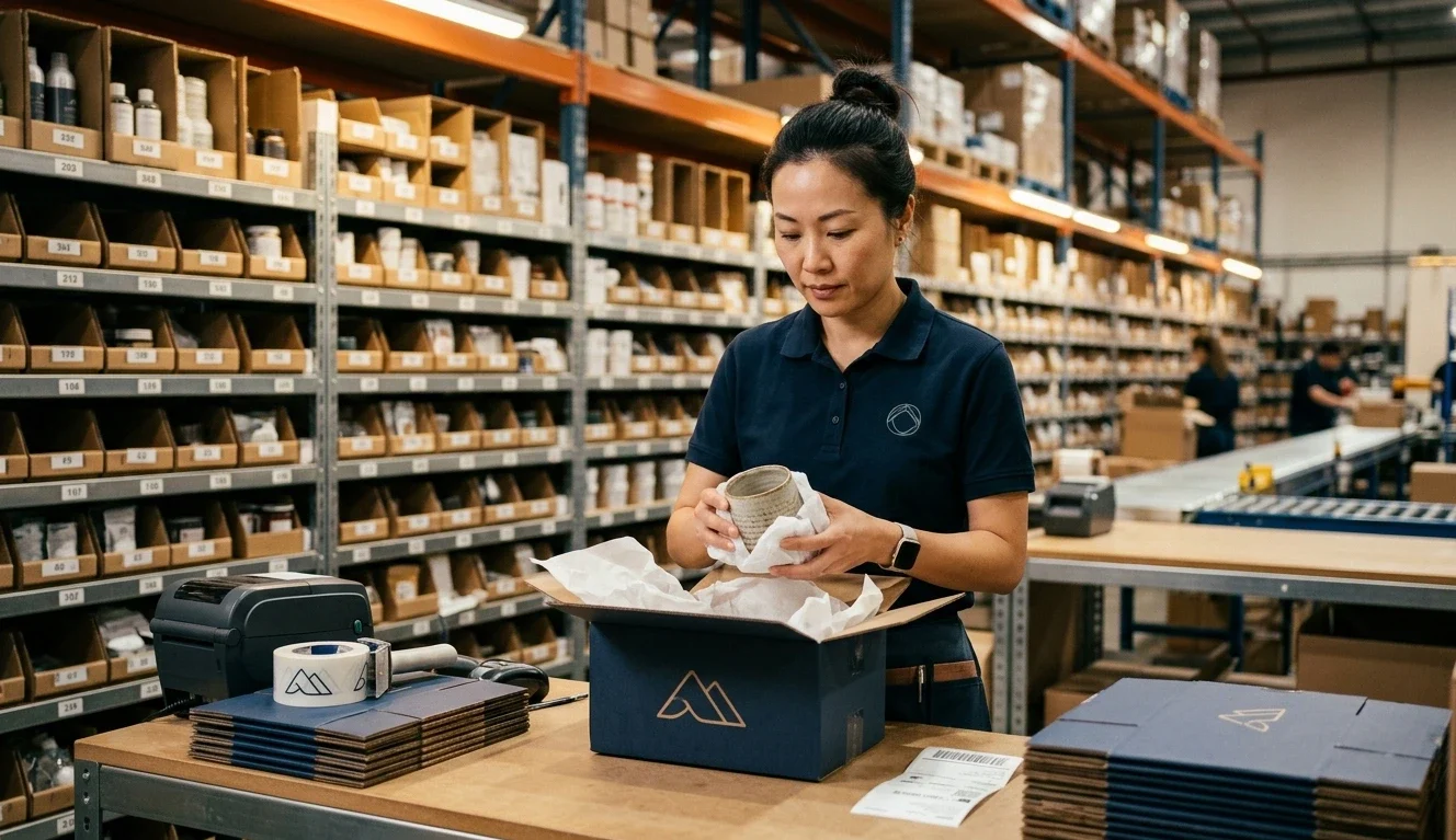 3PL warehouse worker packing a branded dropshipping order at a professional packing station with quality-checked inventory and custom branded packaging materials