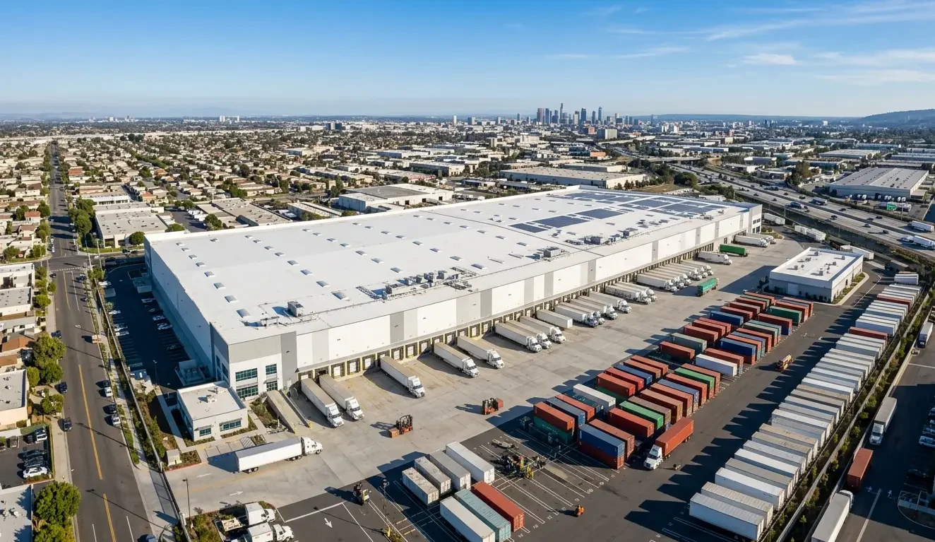 Aerial view of Fulfillmen modern fulfillment centre warehouse with organised shipping infrastructure