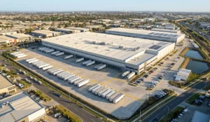 Aerial view of modern ecommerce warehousing solutions facility with organised loading docks and distribution infrastructure