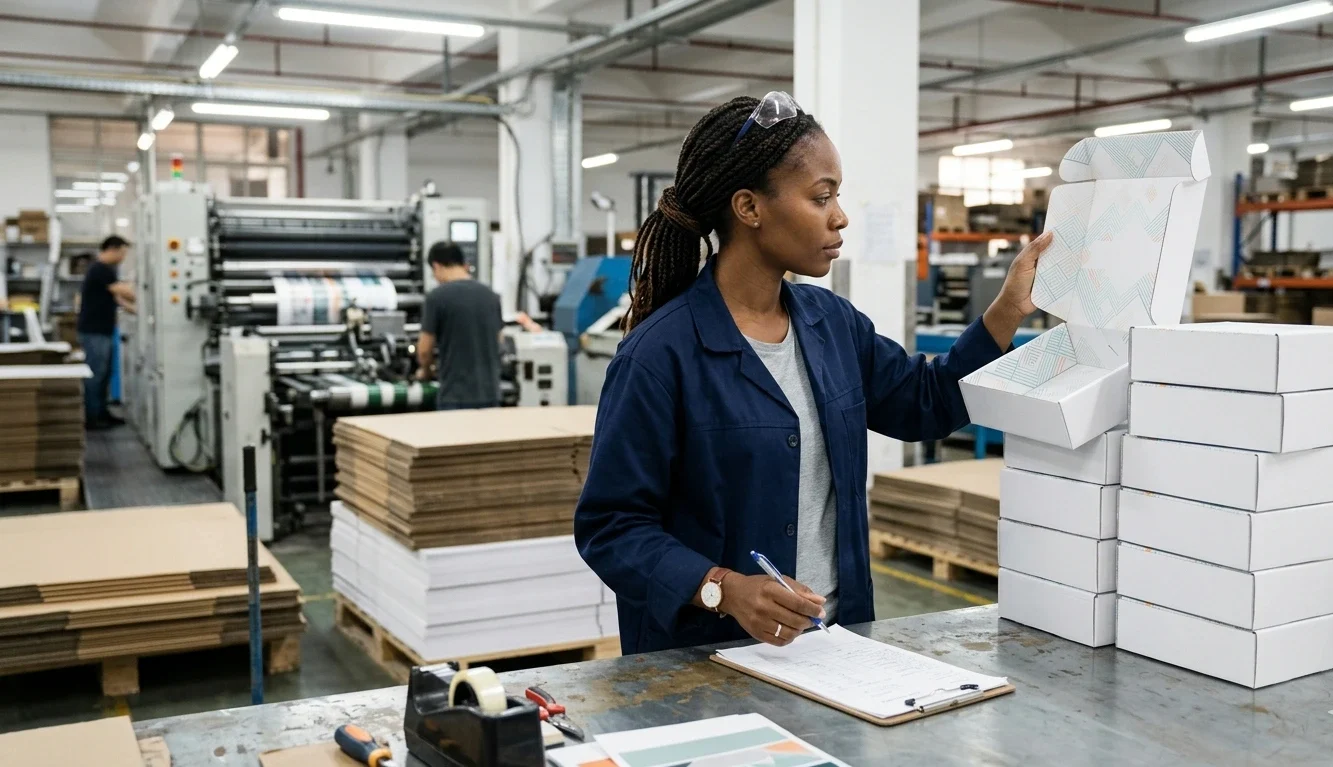Black quality control inspector examining custom ecommerce packaging print quality at a Guangdong China packaging factory production line
