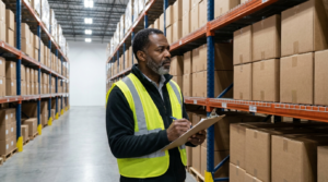 Black warehouse manager reviewing dead stock inventory on warehouse shelving identifying unsold products tied up in storage