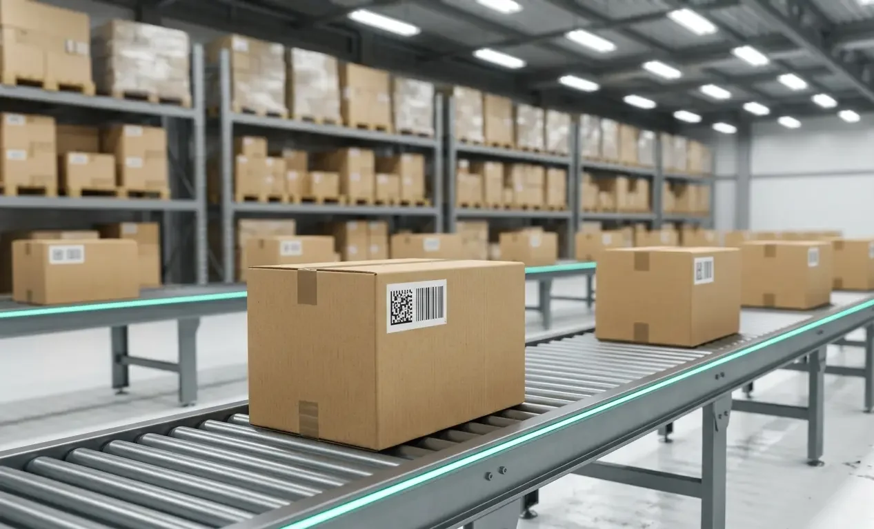 Cardboard shipping boxes on warehouse conveyor belt representing freight forwarder order fulfilment and cargo processing