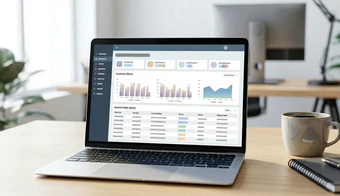 Ecommerce inventory dashboard showing backorder queue and real-time stock levels on laptop screen