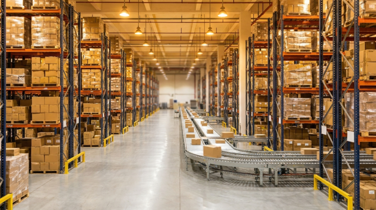 Ecommerce warehouse with stocked shelving and moving conveyor belt illustrating healthy inventory turnover ratio at a 3PL.