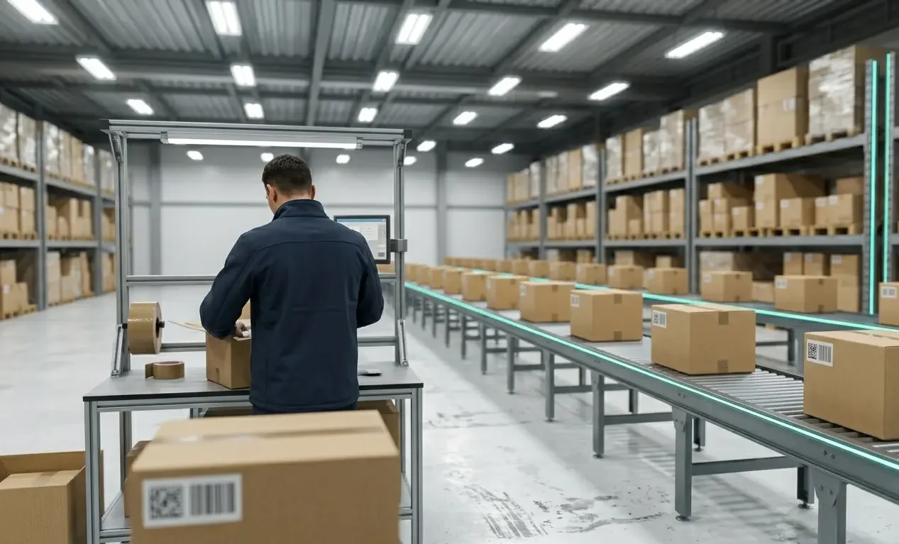 Fulfillmen warehouse worker at packing station with active conveyor belt showing 3PL fulfilment alternative to freight forwarder