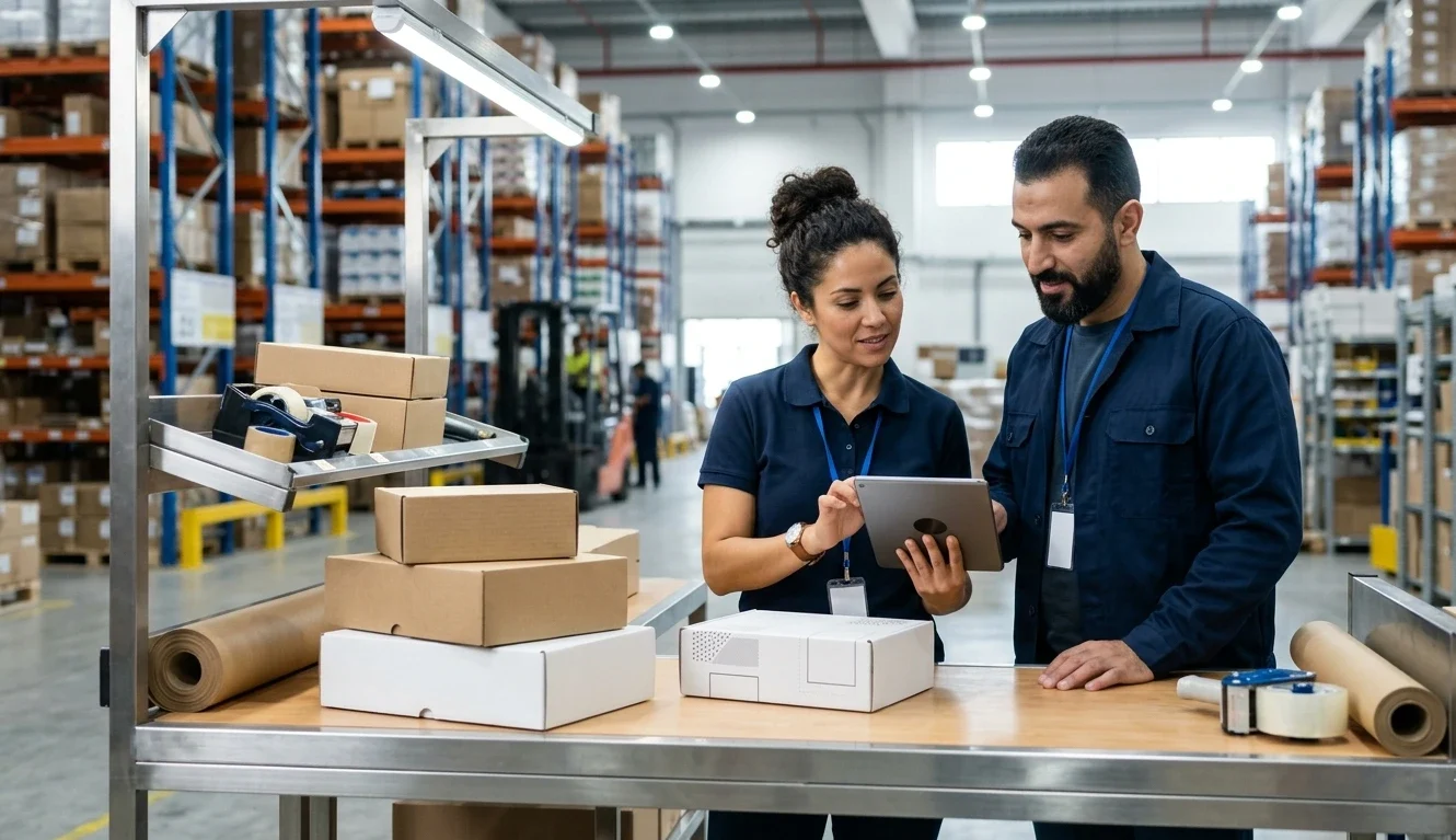 Fulfillment center team reviewing custom packaging for ecommerce setup at a Shenzhen 3PL packing station with branded mailer boxes