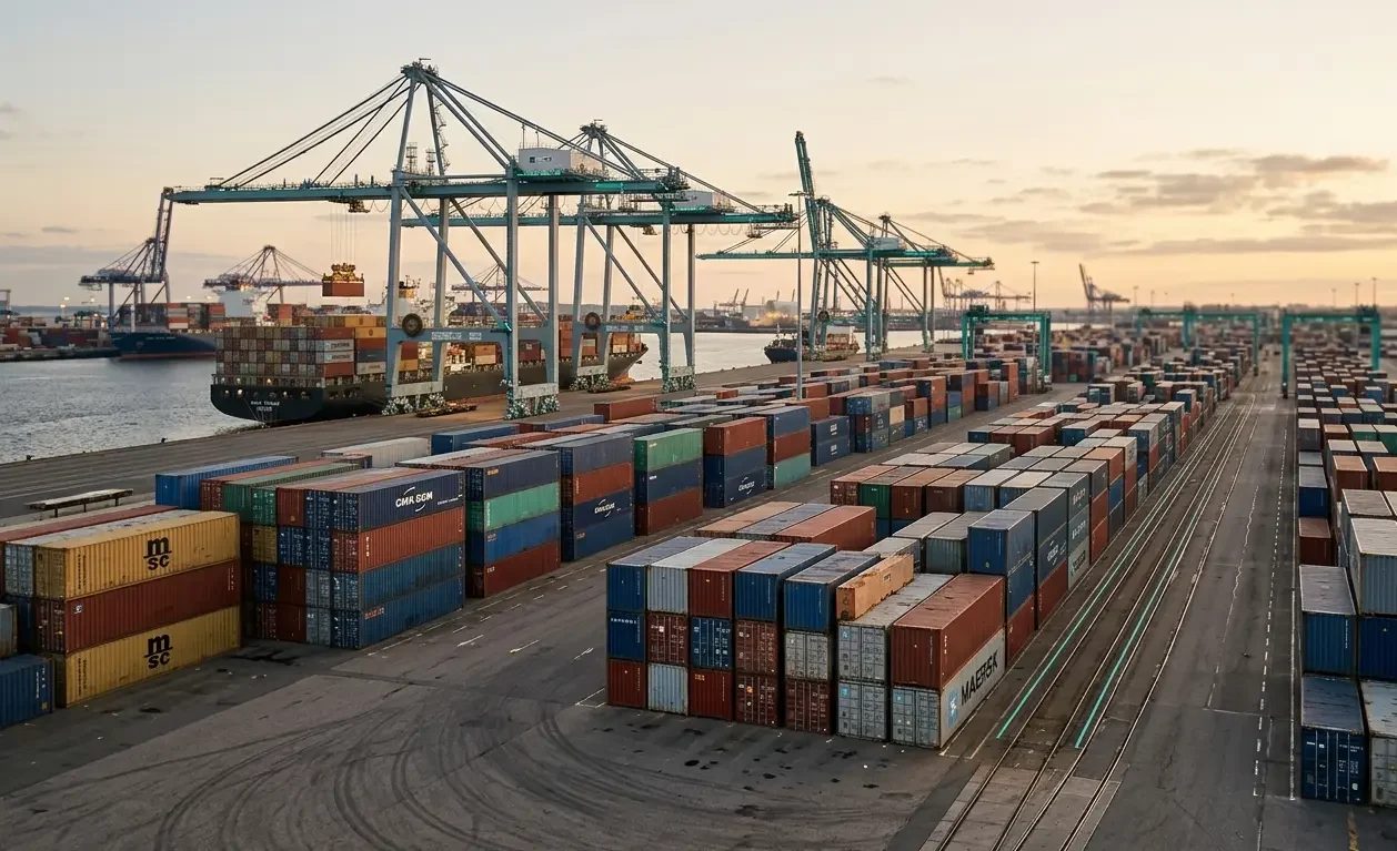 International freight port terminal with cargo cranes and shipping containers representing global freight forwarder logistics operations (