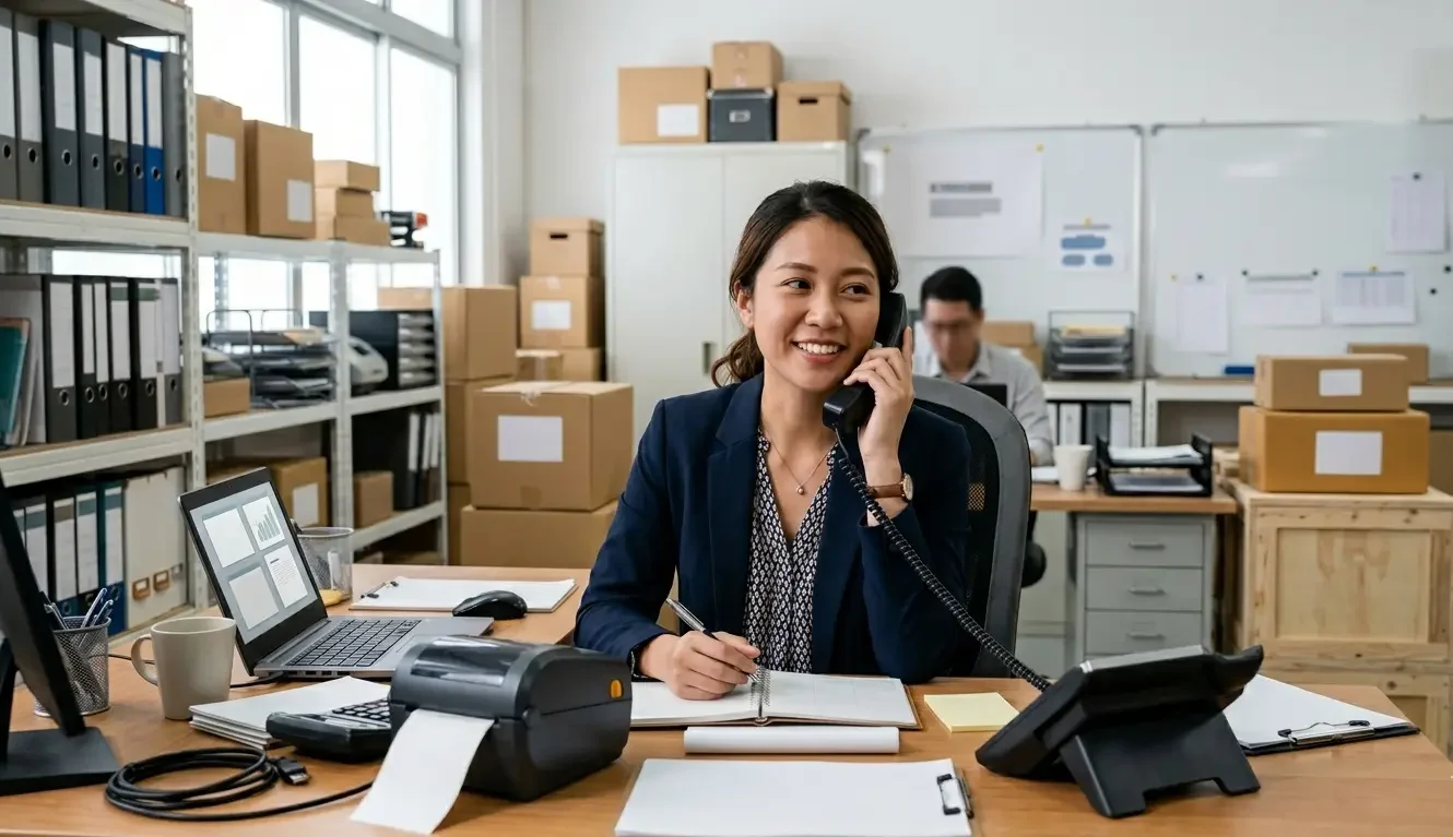 Logistics coordinator managing backorder customer communication from shipping operations centre