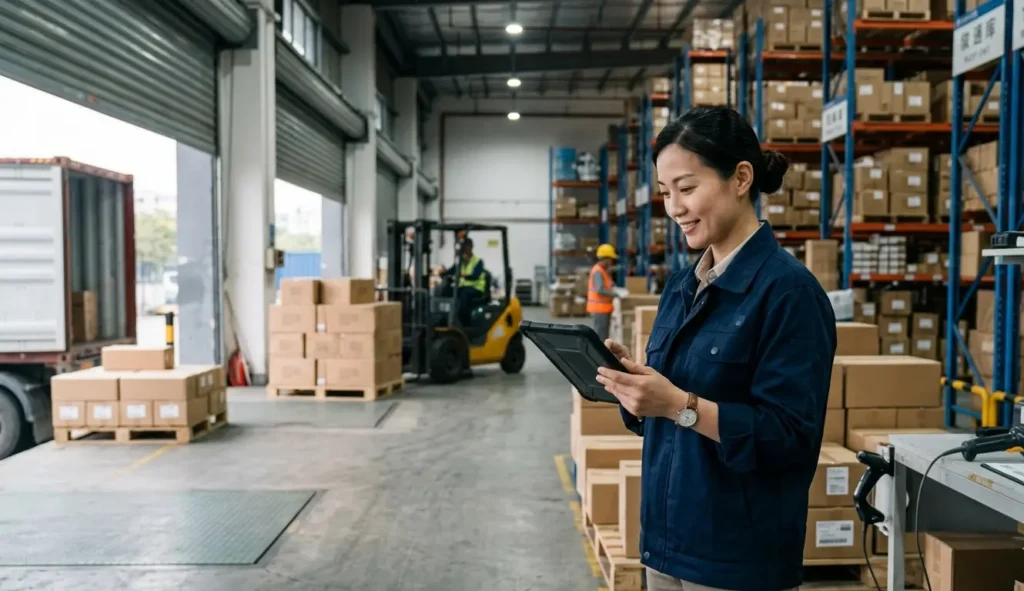 Logistics manager checks minimum order quantity inventory data at a Shenzhen warehouse receiving dock before shipment