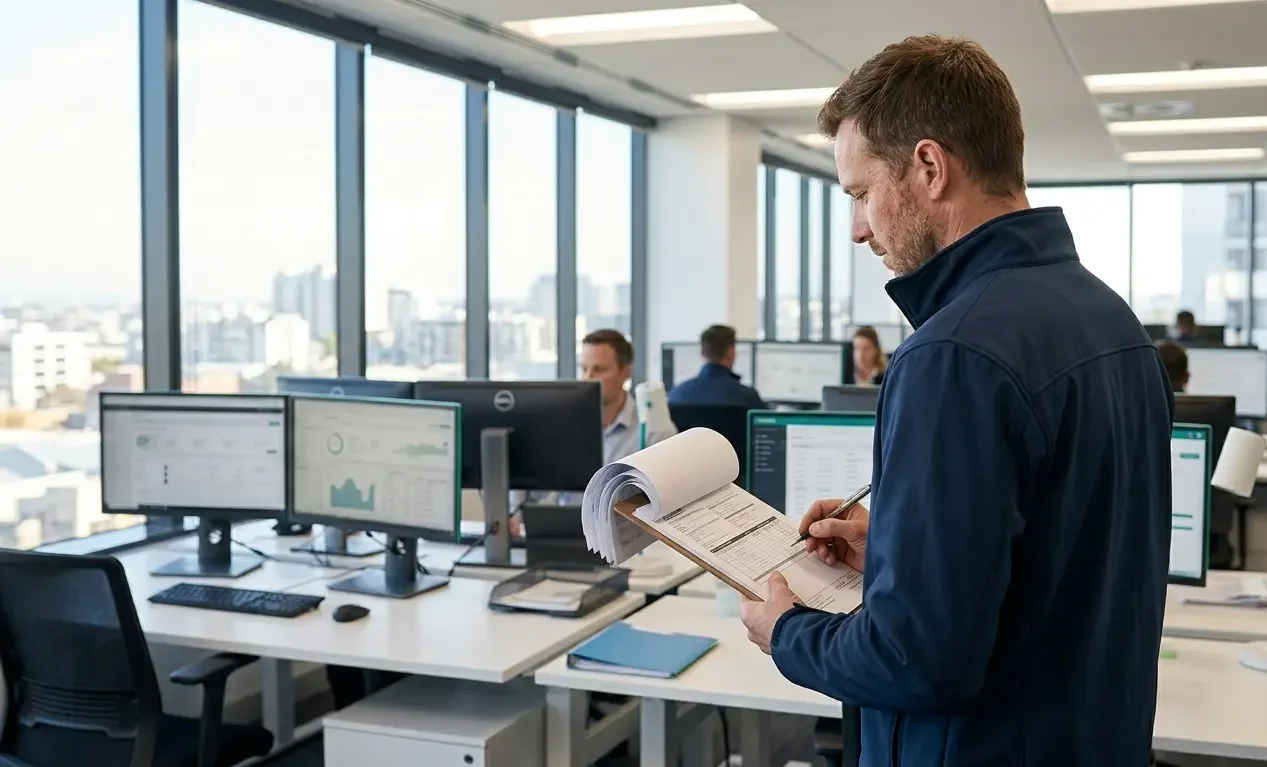 Logistics professional reviewing freight forwarder shipping documentation and international cargo paperwork in modern office