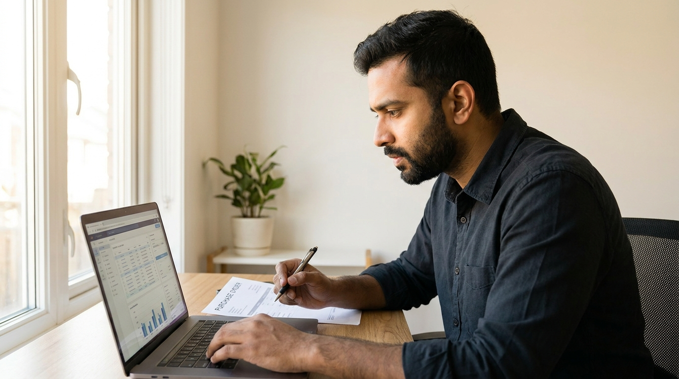 South Asian ecommerce founder reviewing safety stock and inventory data spreadsheet on a laptop at a modern home office desk